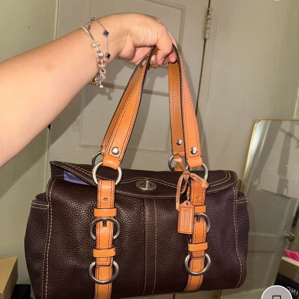 Coach Chelsea satchel. Chocolate brown and tan with silver hardware.